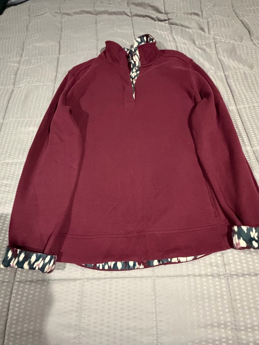 Orvis Women's Burgundy Zip-Up Pullover with Patterned Trim